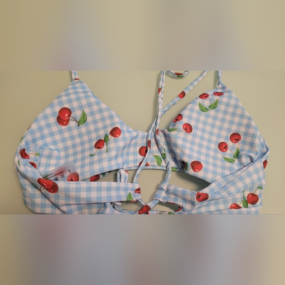 Cherry Print Blue Gingham Bikini Set SIZE SMALL - Picture 10 of 14